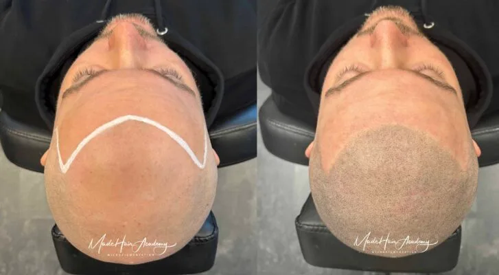 Scalp Micropigmentation, Hårpigmentering - Naturlig hårlinje med smp på man, 49 år – Naturligt resultat från Made Hair Academy Stockholm.